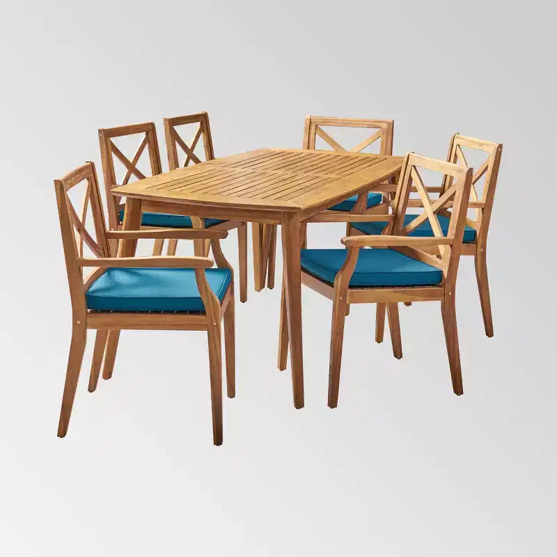 Set da pranzo Llando a 7 pezzi in legno di acacia - Teak/Blu - Christopher Knight Home: Resistente alle intemperie con cuscini in poliestere