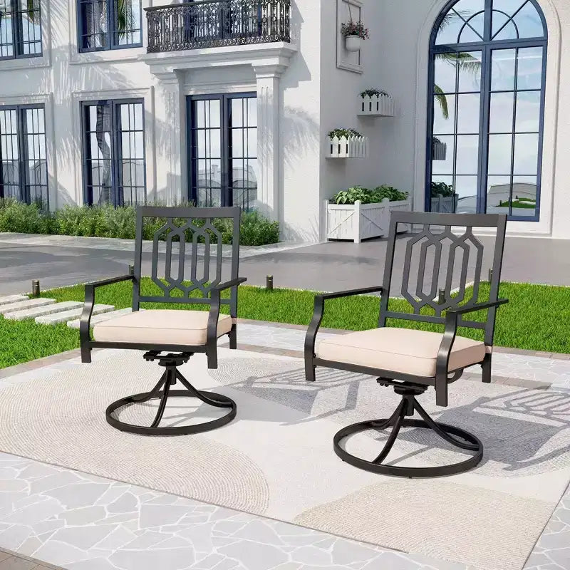 Set da pranzo da patio in ferro battuto da 3 pezzi con tavolo quadrato con foro per ombrellone e sedie girevoli - Captiva Designs
