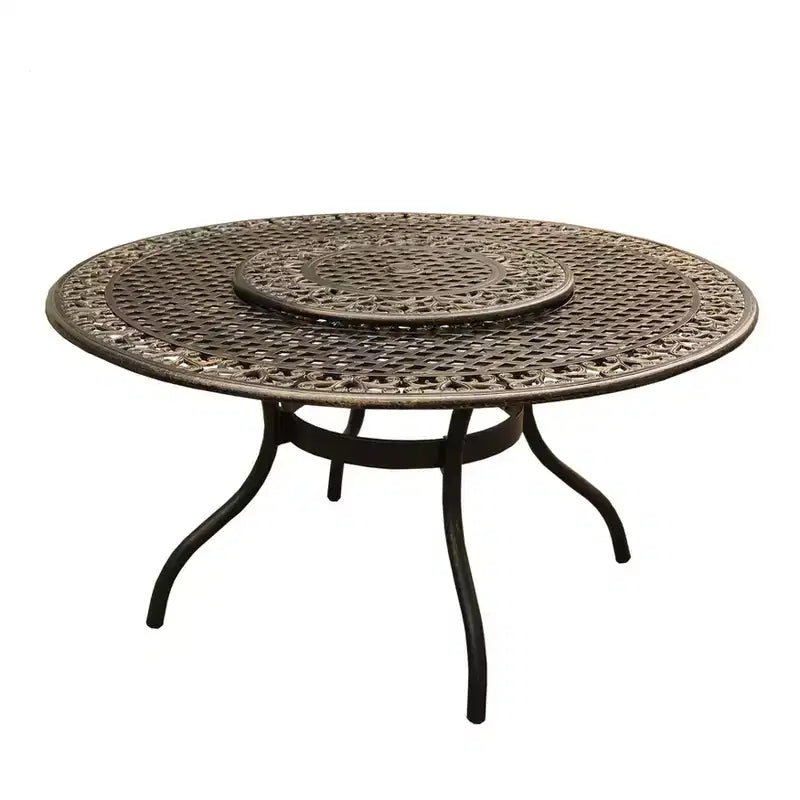 Set da pranzo da patio da 7 pezzi con tavolo da pranzo rotondo da 59 pollici in alluminio a rete moderno ornato da esterno con vassoio girevole - Bronzo - Oakland Living