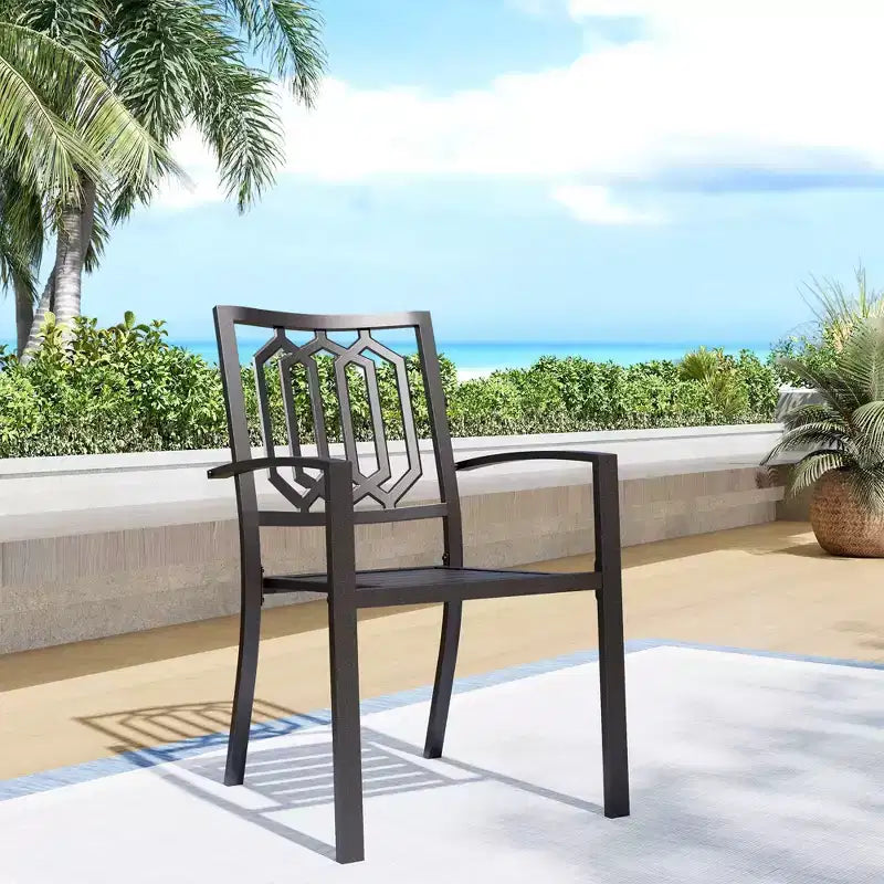 Set da pranzo da esterno 7 pezzi con tavolo in acciaio 150x89 cm con foro per ombrellone da 4 cm e sedie con braccioli in acciaio - Nero - Captiva Designs