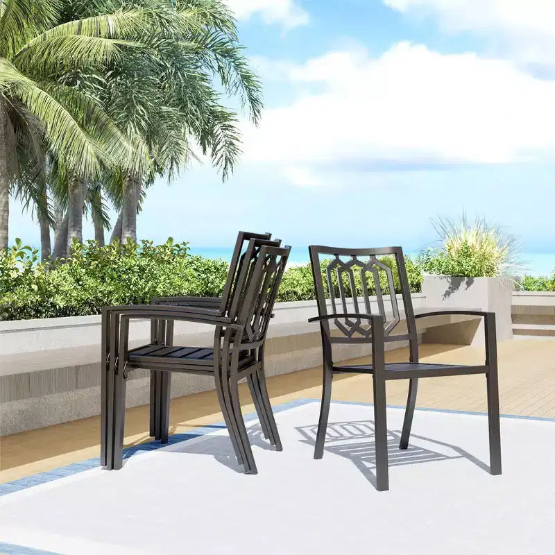Set da pranzo da esterno 7 pezzi con tavolo in acciaio 150x89 cm con foro per ombrellone da 4 cm e sedie con braccioli in acciaio - Nero - Captiva Designs
