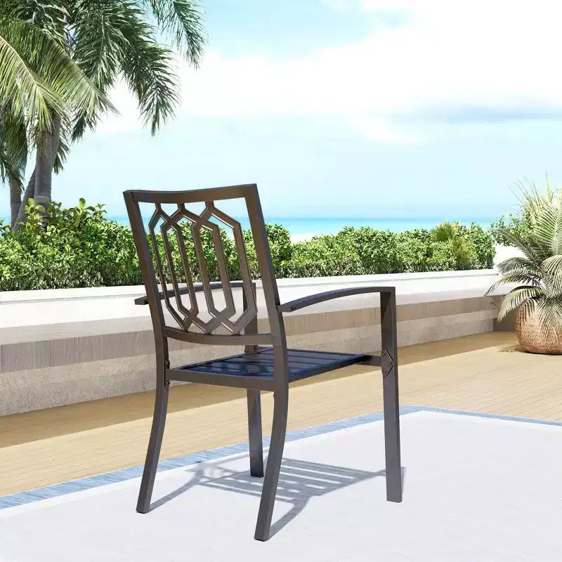Set da pranzo da esterno 7 pezzi con tavolo in acciaio 150x89 cm con foro per ombrellone da 4 cm e sedie con braccioli in acciaio - Nero - Captiva Designs