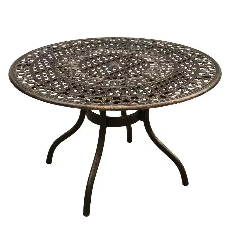 Set da pranzo da esterni 5 pezzi con tavolo da pranzo rotondo da 48" e 4 sedie in alluminio con reticolo tradizionale a maglie ornate - bronzo - Oakland Living