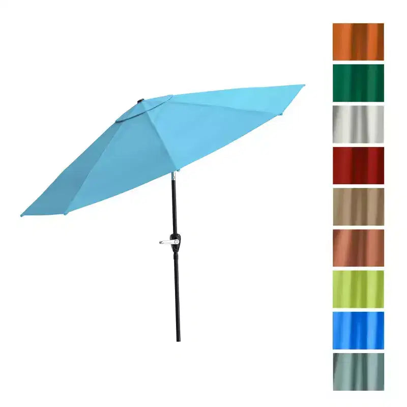 Alaterre Furniture 8pc Outdoor Patio Dining Set, Okemo Table with 10' Auto Tilt Umbrella Blue
