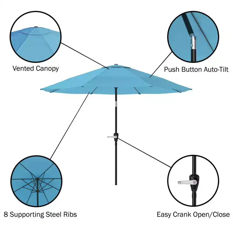 Alaterre Furniture 8pc Outdoor Patio Dining Set, Okemo Table with 10' Auto Tilt Umbrella Blue