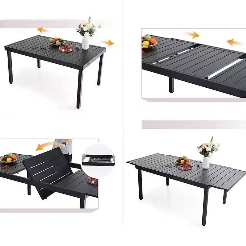 Set da patio da 9 pezzi con tavolo allungabile in acciaio e sedie a fionda impilabili - Captiva Designs: Sala da pranzo all'aperto, resistente alle intemperie