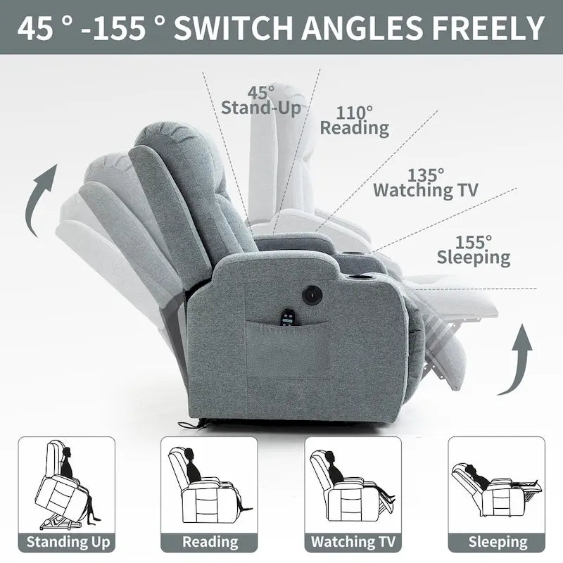 Poltrona reclinabile elettrica Lazy Boy Power Lift, moderna poltrona massaggiante a motore singolo con riscaldamento lombare, porta di ricarica USB, portabicchieri
