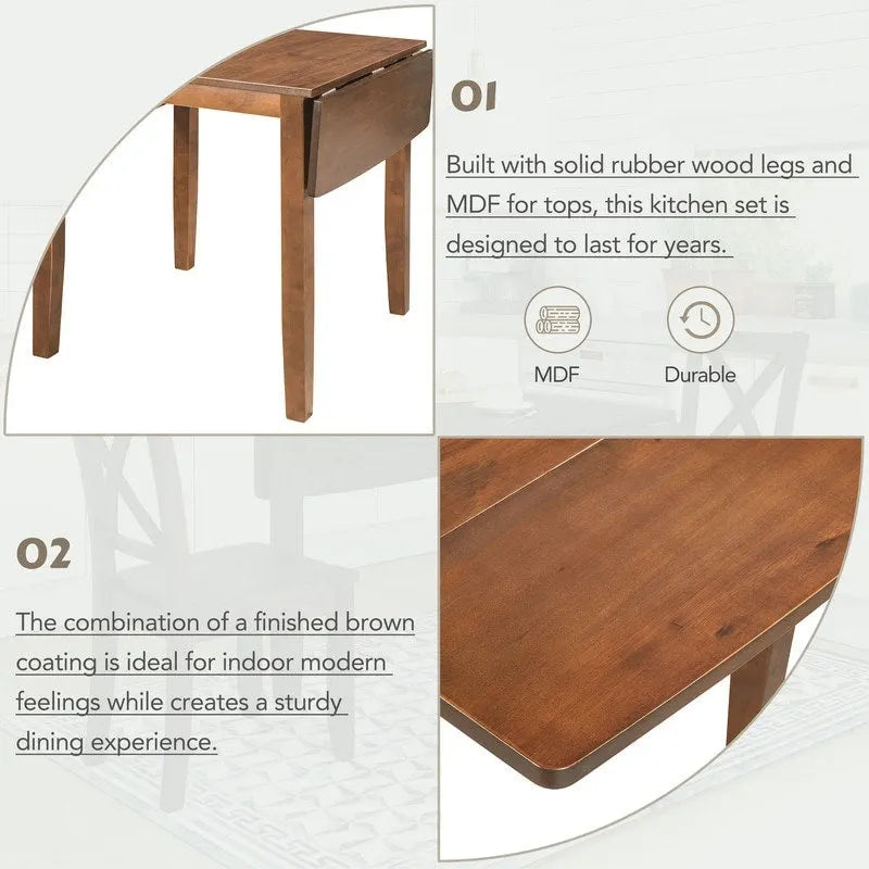 Set da Tavolo da Pranzo 3 Pezzi in Legno con Piano Ribaltabile e 2 Sedie a X per Piccoli Spazi