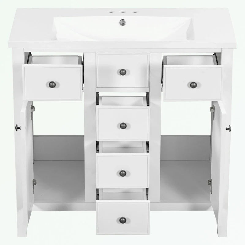 Mobile bagno con lavabo in ceramica, due ante e cinque cassetti