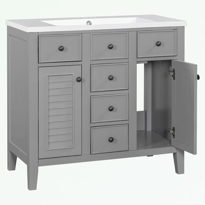 Mobile bagno con lavabo in ceramica, due ante e cinque cassetti