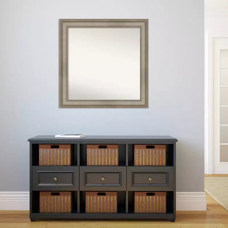Specchio da parete in legno sottile antico argento non smussato da 32" x 32" per soppalco - Amanti Art: quadrato moderno, include hardware di montaggio