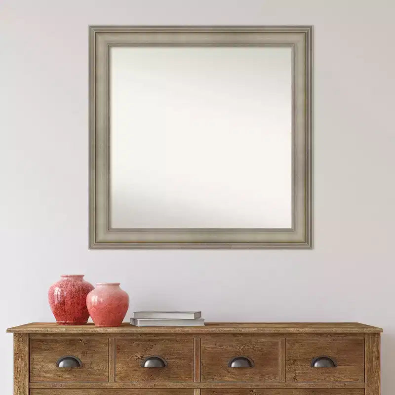 Specchio da parete in legno sottile antico argento non smussato da 32" x 32" per soppalco - Amanti Art: quadrato moderno, include hardware di montaggio