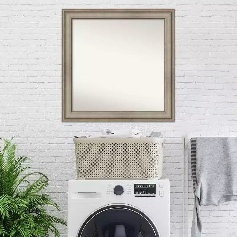 Specchio da parete in legno sottile antico argento non smussato da 32" x 32" per soppalco - Amanti Art: quadrato moderno, include hardware di montaggio