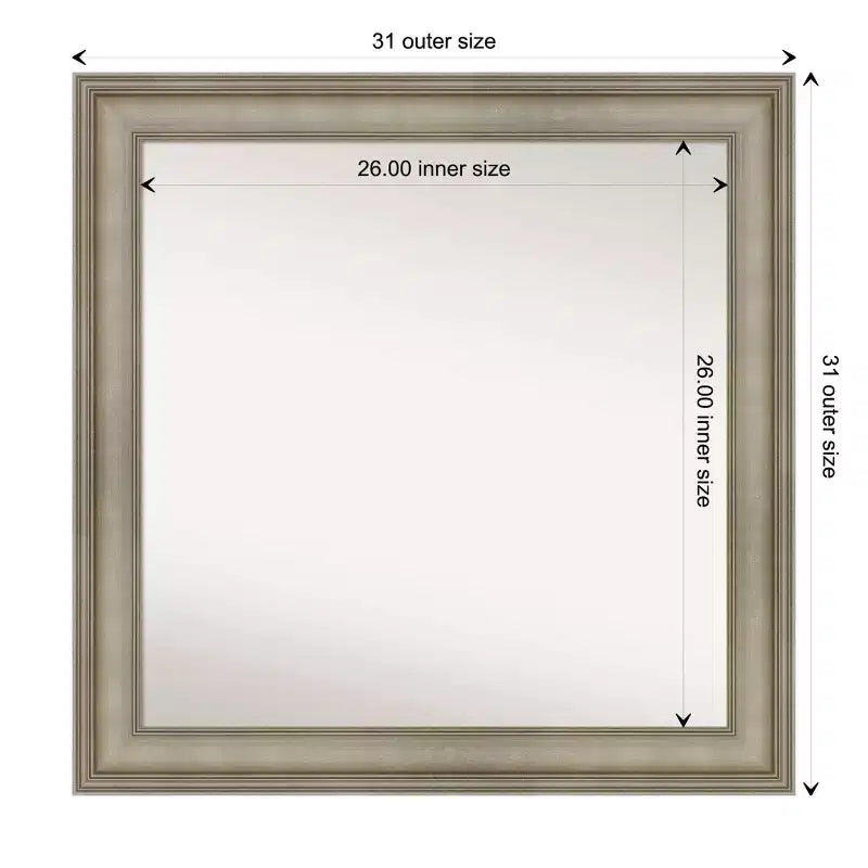 Specchio da parete in legno sottile antico argento non smussato da 32" x 32" per soppalco - Amanti Art: quadrato moderno, include hardware di montaggio