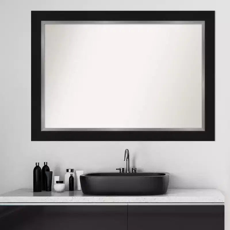 Specchio da Parete da Bagno Eva Non Smussato 42" x 30" Nero - Amanti Art: Rettangolare Moderno, Montaggio a Parete