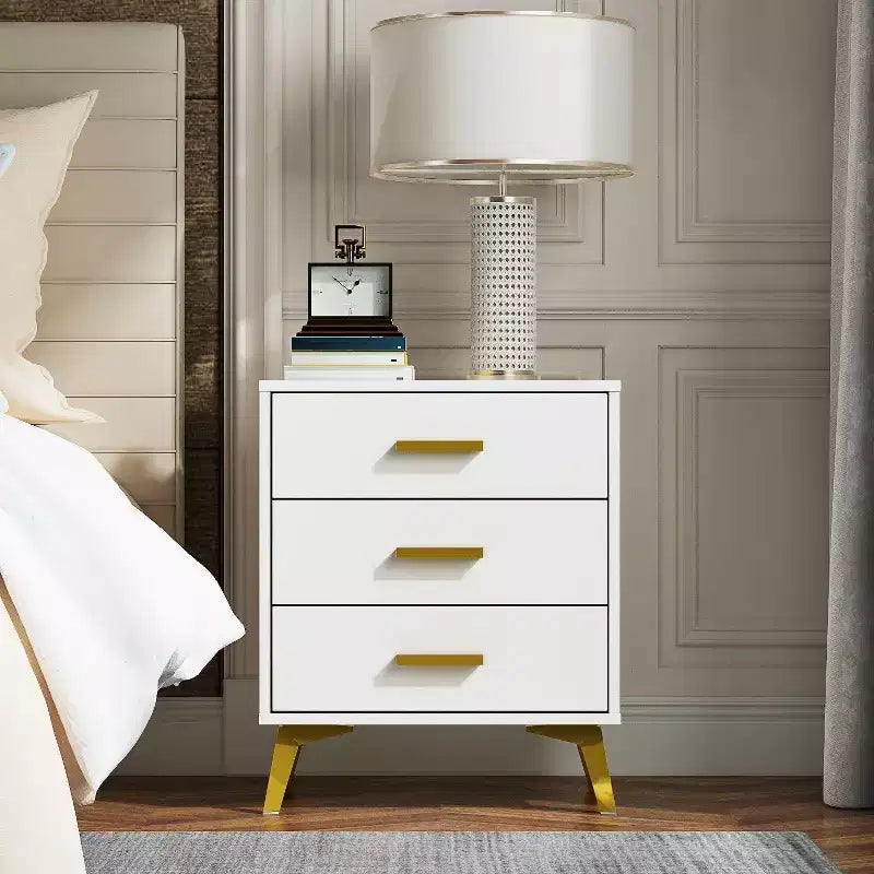 Famapy Chic White Nightstand: Stylish Storage with Golden Accents
