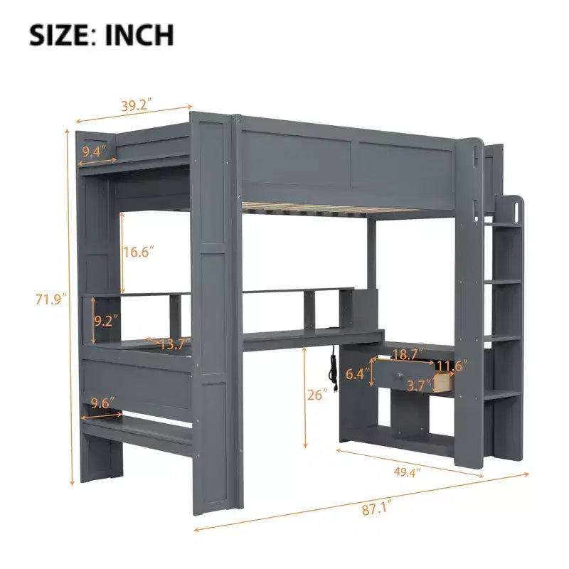 Letto a soppalco da gaming in legno Whisen 87.1''L x 49.4''W con scrivania, mensole multi-storage, LED e stazione di ricarica