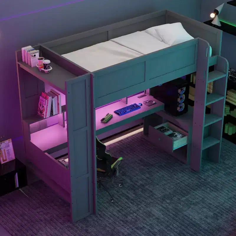 Letto a soppalco da gaming in legno Whisen 87.1''L x 49.4''W con scrivania, mensole multi-storage, LED e stazione di ricarica
