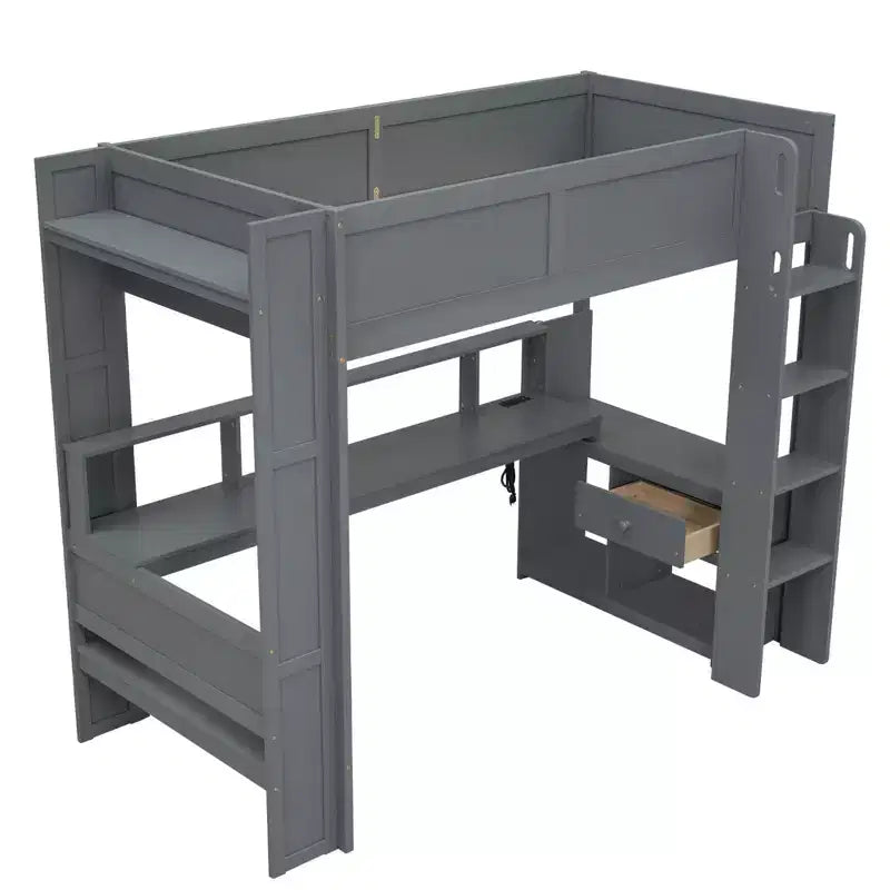 Letto a soppalco da gaming in legno Whisen 87.1''L x 49.4''W con scrivania, mensole multi-storage, LED e stazione di ricarica