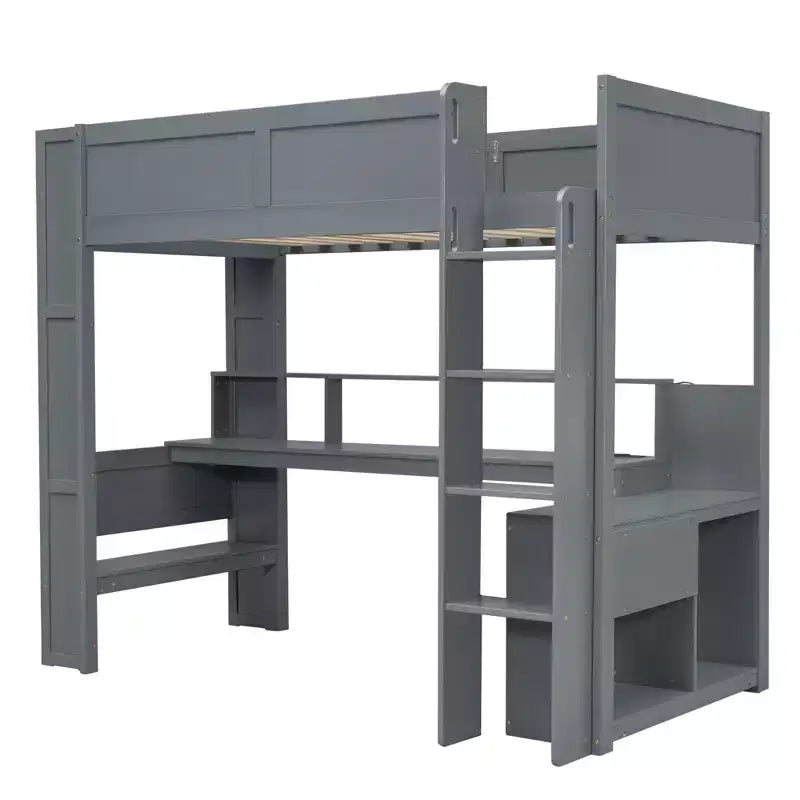 Letto a soppalco da gaming in legno Whisen 87.1''L x 49.4''W con scrivania, mensole multi-storage, LED e stazione di ricarica