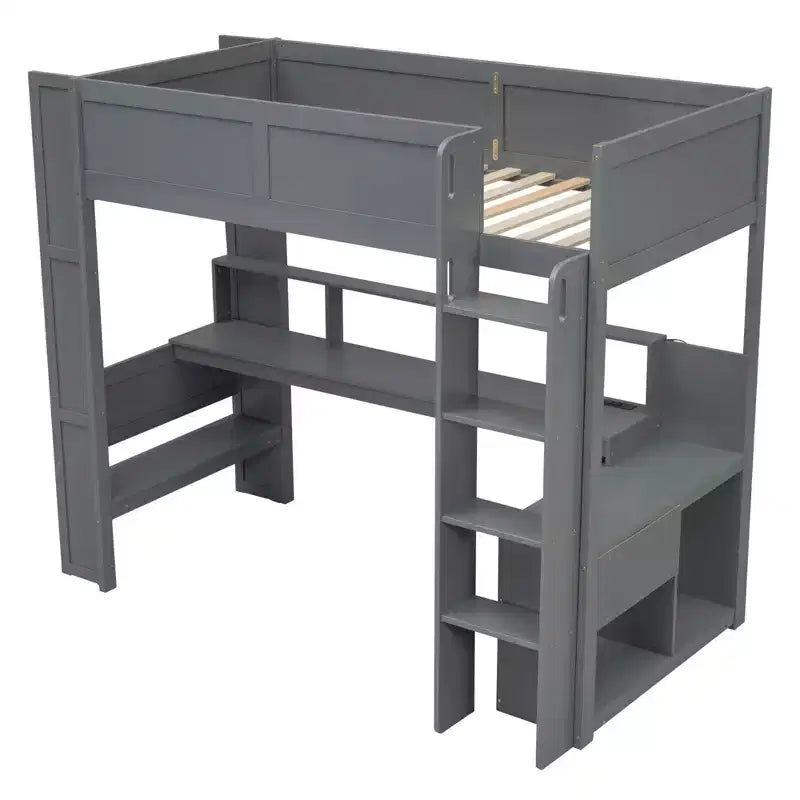 Letto a soppalco da gaming in legno Whisen 87.1''L x 49.4''W con scrivania, mensole multi-storage, LED e stazione di ricarica