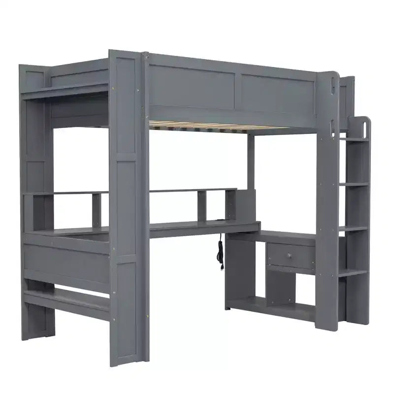 Letto a soppalco da gaming in legno Whisen 87.1''L x 49.4''W con scrivania, mensole multi-storage, LED e stazione di ricarica