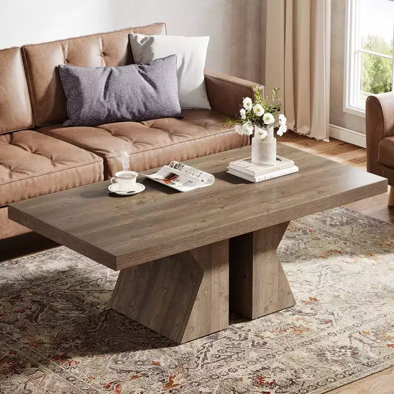 Tavolino da caffè Lantine Wood, Tavolino rettangolare da 120 cm con base in legno spessa, Tavolino da cocktail in stile rustico con effetto legno per soggiorno