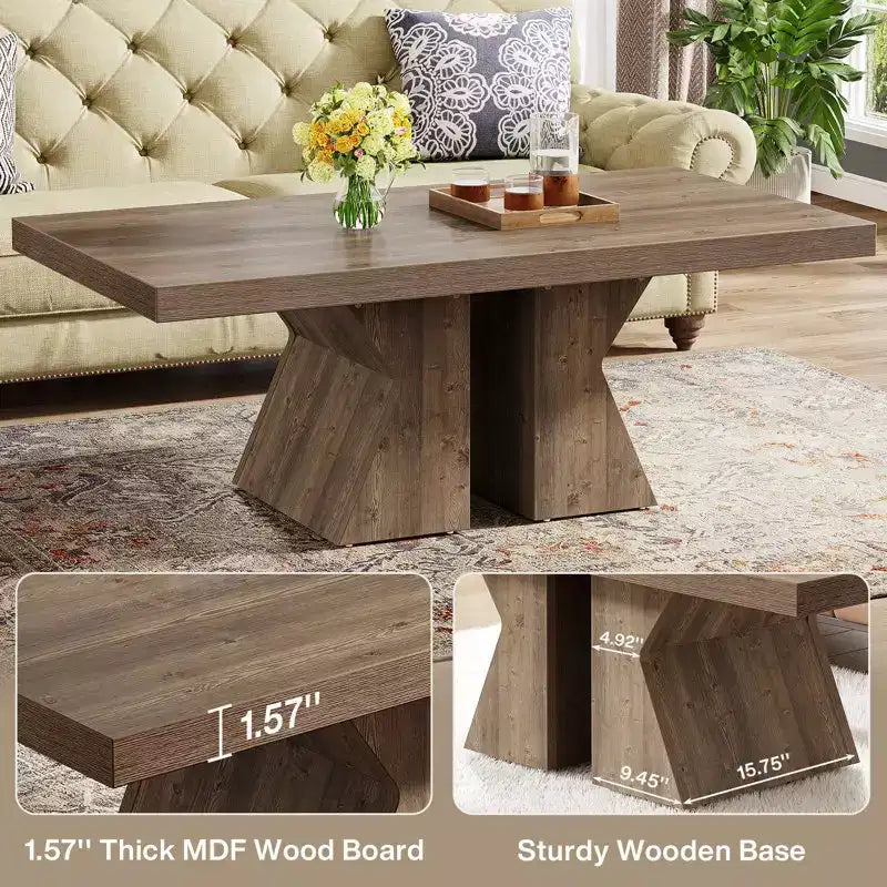 Tavolino da caffè Lantine Wood, Tavolino rettangolare da 120 cm con base in legno spessa, Tavolino da cocktail in stile rustico con effetto legno per soggiorno