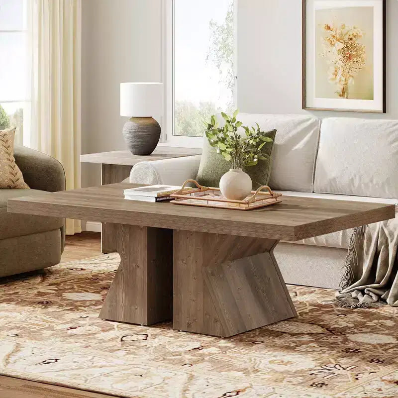 Tavolino da caffè Lantine Wood, Tavolino rettangolare da 120 cm con base in legno spessa, Tavolino da cocktail in stile rustico con effetto legno per soggiorno