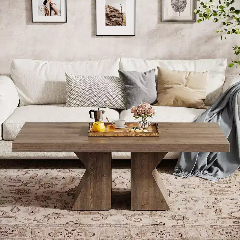 Tavolino da caffè Lantine Wood, Tavolino rettangolare da 120 cm con base in legno spessa, Tavolino da cocktail in stile rustico con effetto legno per soggiorno