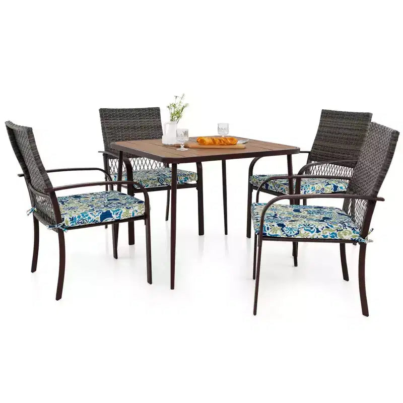 Costway 5 PCS Patio Dining Set with Wood-Plastic Tabletop & Umbrella Hole for Backyard