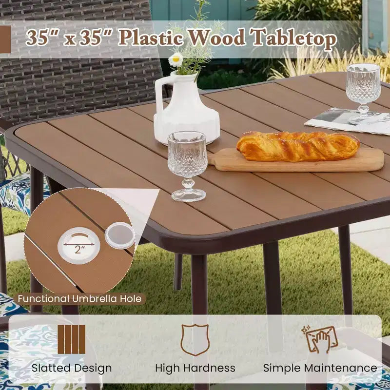 Costway 5 PCS Patio Dining Set with Wood-Plastic Tabletop & Umbrella Hole for Backyard