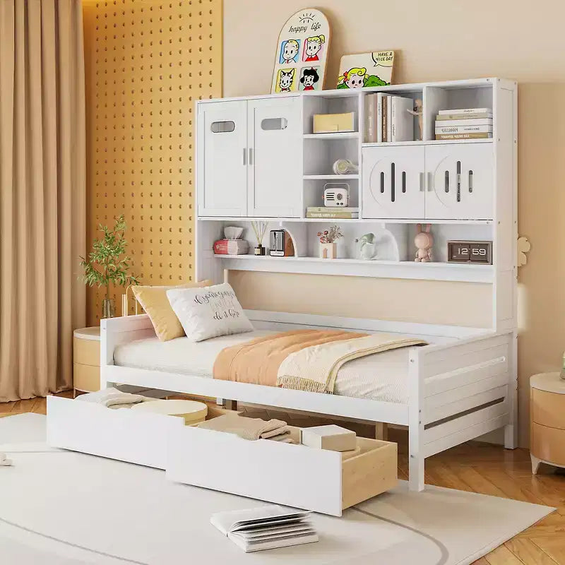 Divano Letto in Legno Matrimoniale/Una Piazza e Mezza con 2 Cassetti, Mobile Tutto-in-Uno e Ripiani - ModernLuxe