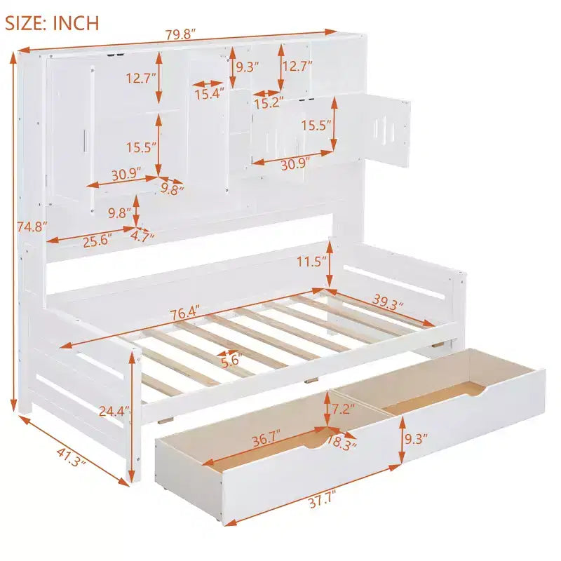 Divano Letto in Legno Matrimoniale/Una Piazza e Mezza con 2 Cassetti, Mobile Tutto-in-Uno e Ripiani - ModernLuxe
