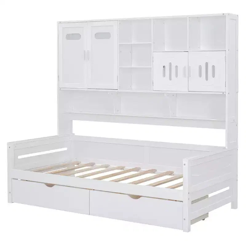 Divano Letto in Legno Matrimoniale/Una Piazza e Mezza con 2 Cassetti, Mobile Tutto-in-Uno e Ripiani - ModernLuxe