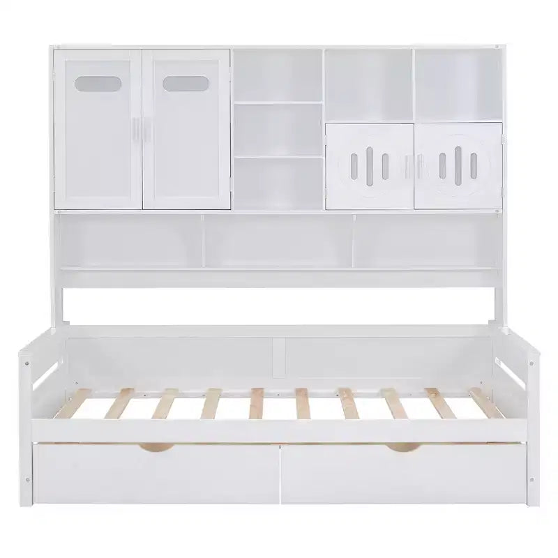 Divano Letto in Legno Matrimoniale/Una Piazza e Mezza con 2 Cassetti, Mobile Tutto-in-Uno e Ripiani - ModernLuxe