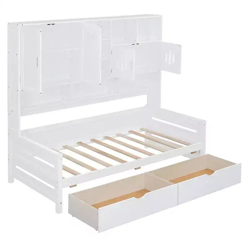 Divano Letto in Legno Matrimoniale/Una Piazza e Mezza con 2 Cassetti, Mobile Tutto-in-Uno e Ripiani - ModernLuxe