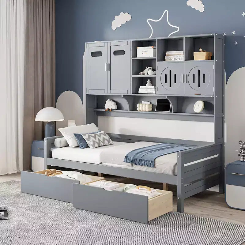 Divano Letto in Legno Matrimoniale/Una Piazza e Mezza con 2 Cassetti, Mobile Tutto-in-Uno e Ripiani - ModernLuxe