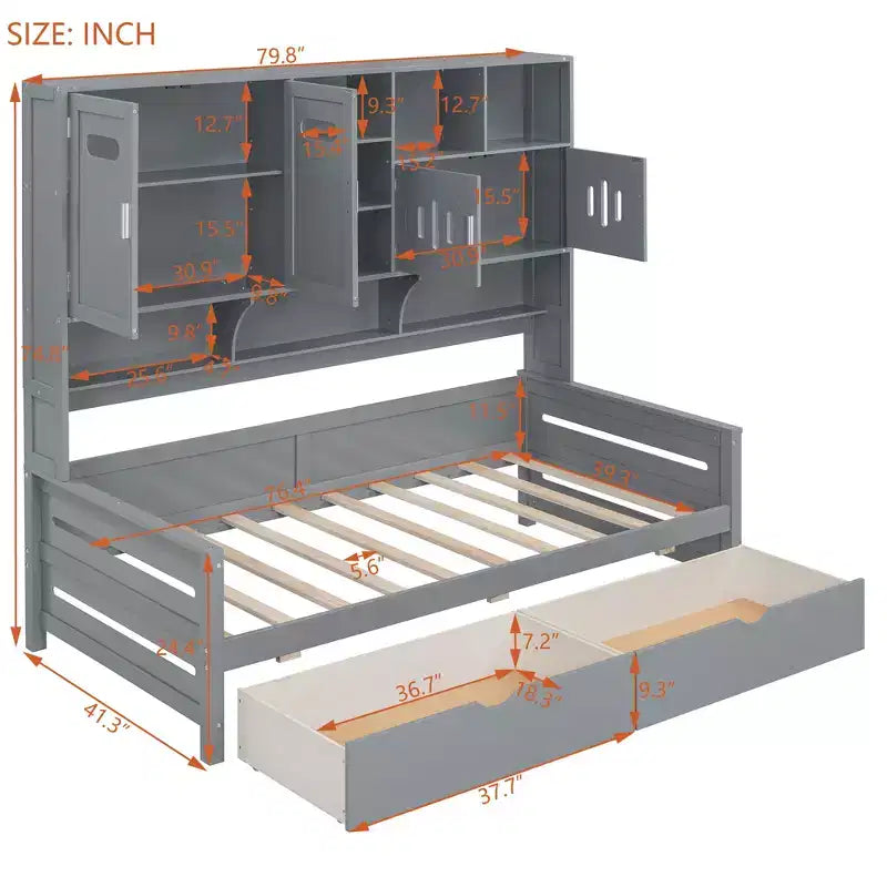 Divano Letto in Legno Matrimoniale/Una Piazza e Mezza con 2 Cassetti, Mobile Tutto-in-Uno e Ripiani - ModernLuxe