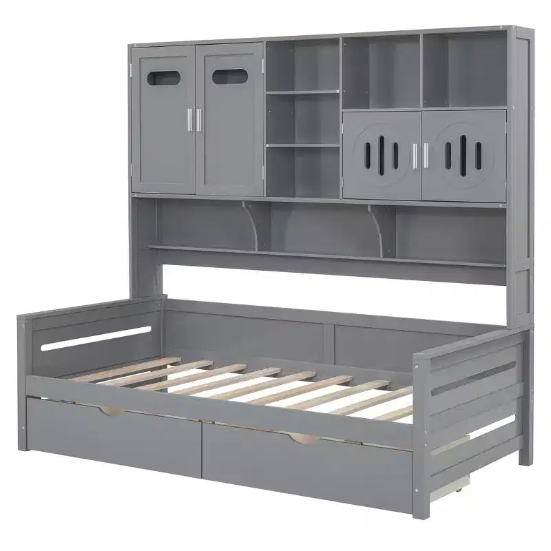 Divano Letto in Legno Matrimoniale/Una Piazza e Mezza con 2 Cassetti, Mobile Tutto-in-Uno e Ripiani - ModernLuxe