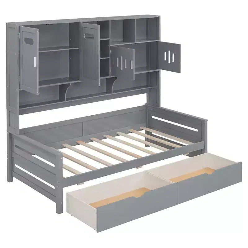Divano Letto in Legno Matrimoniale/Una Piazza e Mezza con 2 Cassetti, Mobile Tutto-in-Uno e Ripiani - ModernLuxe