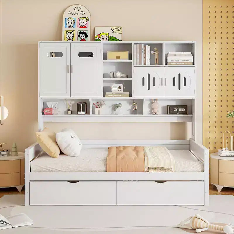 Divano Letto in Legno Matrimoniale/Una Piazza e Mezza con 2 Cassetti, Mobile Tutto-in-Uno e Ripiani - ModernLuxe