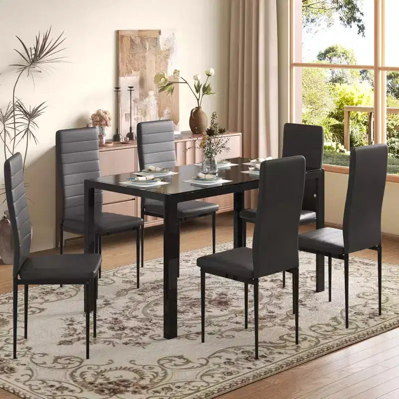 EROMMY Ebern Designs Set da pranzo 7 pezzi con tavolo in vetro, tavolo da cucina e 6 sedie di lusso in similpelle, nero