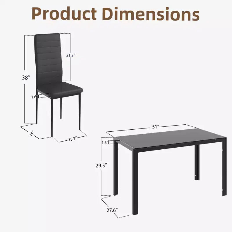 EROMMY Ebern Designs Set da pranzo 7 pezzi con tavolo in vetro, tavolo da cucina e 6 sedie di lusso in similpelle, nero