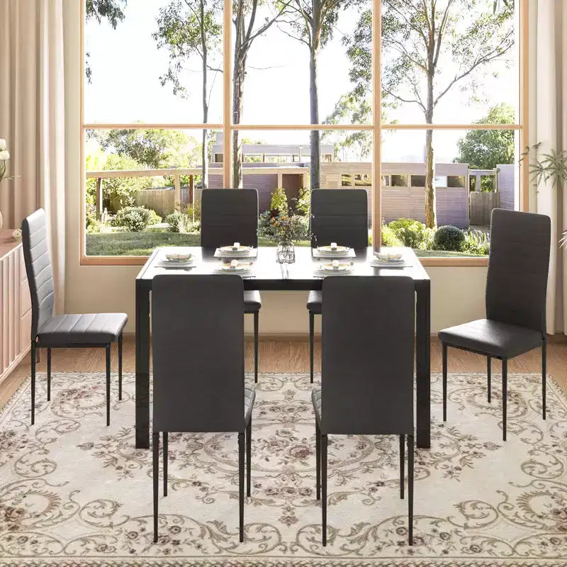 EROMMY Ebern Designs Set da pranzo 7 pezzi con tavolo in vetro, tavolo da cucina e 6 sedie di lusso in similpelle, nero