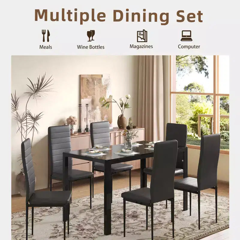 EROMMY Ebern Designs Set da pranzo 7 pezzi con tavolo in vetro, tavolo da cucina e 6 sedie di lusso in similpelle, nero