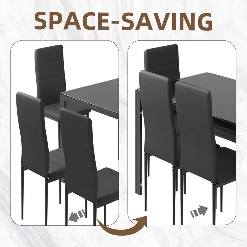 EROMMY Ebern Designs Set da pranzo 7 pezzi con tavolo in vetro, tavolo da cucina e 6 sedie di lusso in similpelle, nero