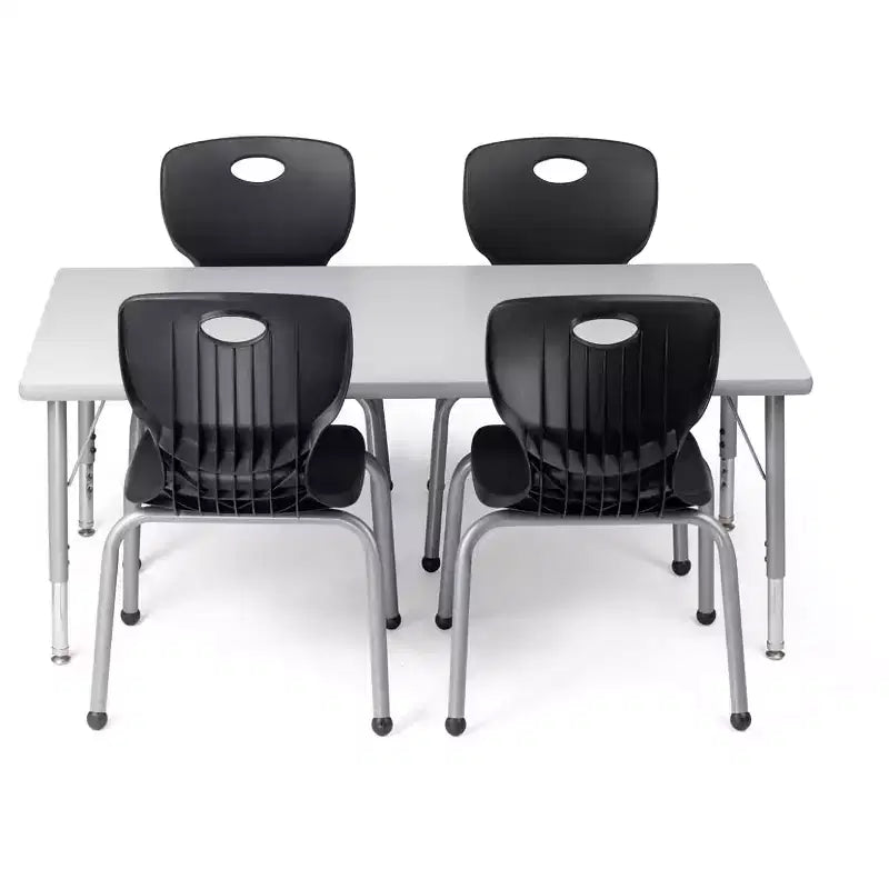 Tavolo e sedie Bintiva Activity - Tavolo 24x48 con bordo spruzzato grigio e gambe regolabili e 4 sedie da aula NAAR nere da 14