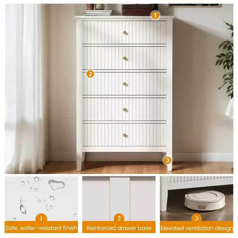 Cassettiera Heynemo Fluted a 3 o 5 cassetti, cassettiera alta a righe con guide silenziose per camera da letto, soggiorno, corridoio, ingresso