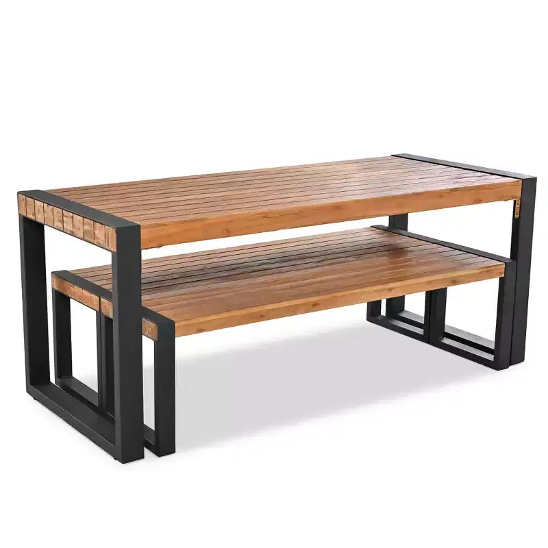 Set Tavolo Da Pranzo Per Esterni Whisen Resistente Alle Intemperie Con 2 Panche, Set Mobili Per Patio Con Texture Unica Del Piano, Piano In Legno Di Acacia E Struttura In Acciaio - Naturale